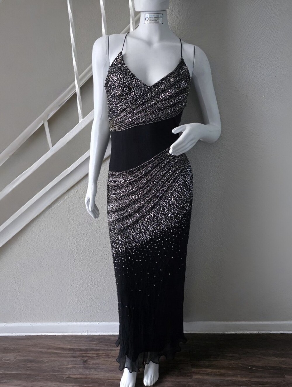 ​By Edward Vintage 90s Midnight Black 100% Silk Sequin Beaded Formal Maxi Dress
